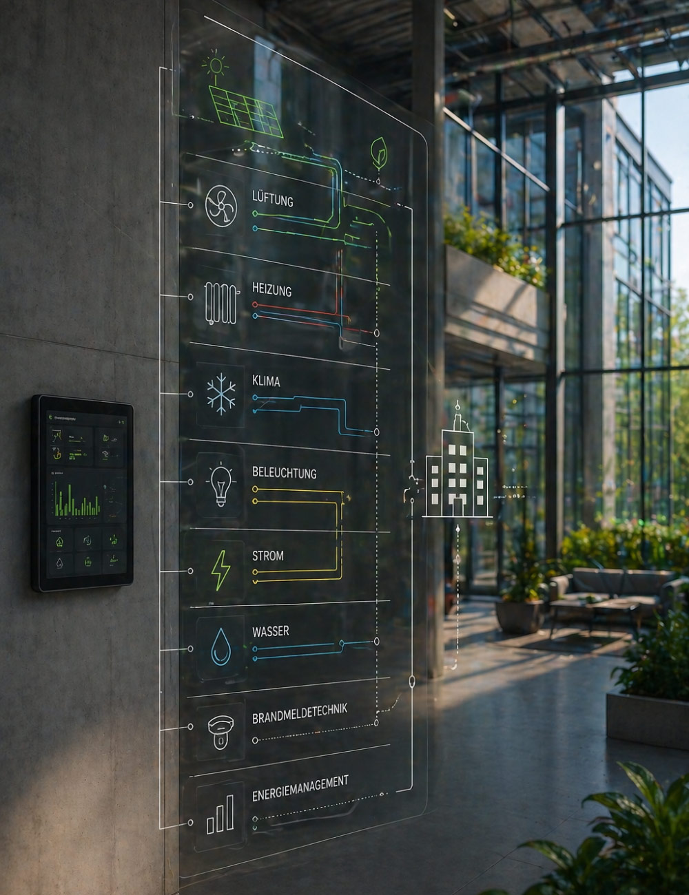 Gebäudetechnik-Schema mit Lüftung, Heizung, Klima, Strom, Wasser und Energiemanagement vor moderner Industriearchitektur