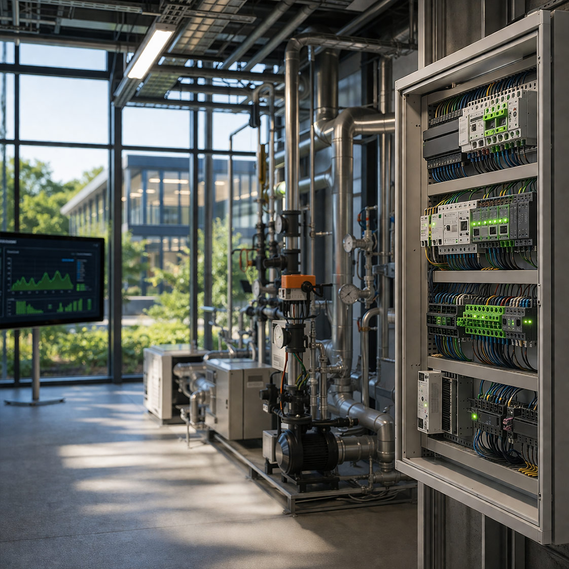 Technischer Anlagenraum mit Heizungs- und Lüftungsleitungen, Pumpenstation, Schaltschrank mit grün leuchtenden Steuerungsmodulen und Energie-Dashboard auf einem Monitor. Symbolbild für strukturierte Inbetriebnahme