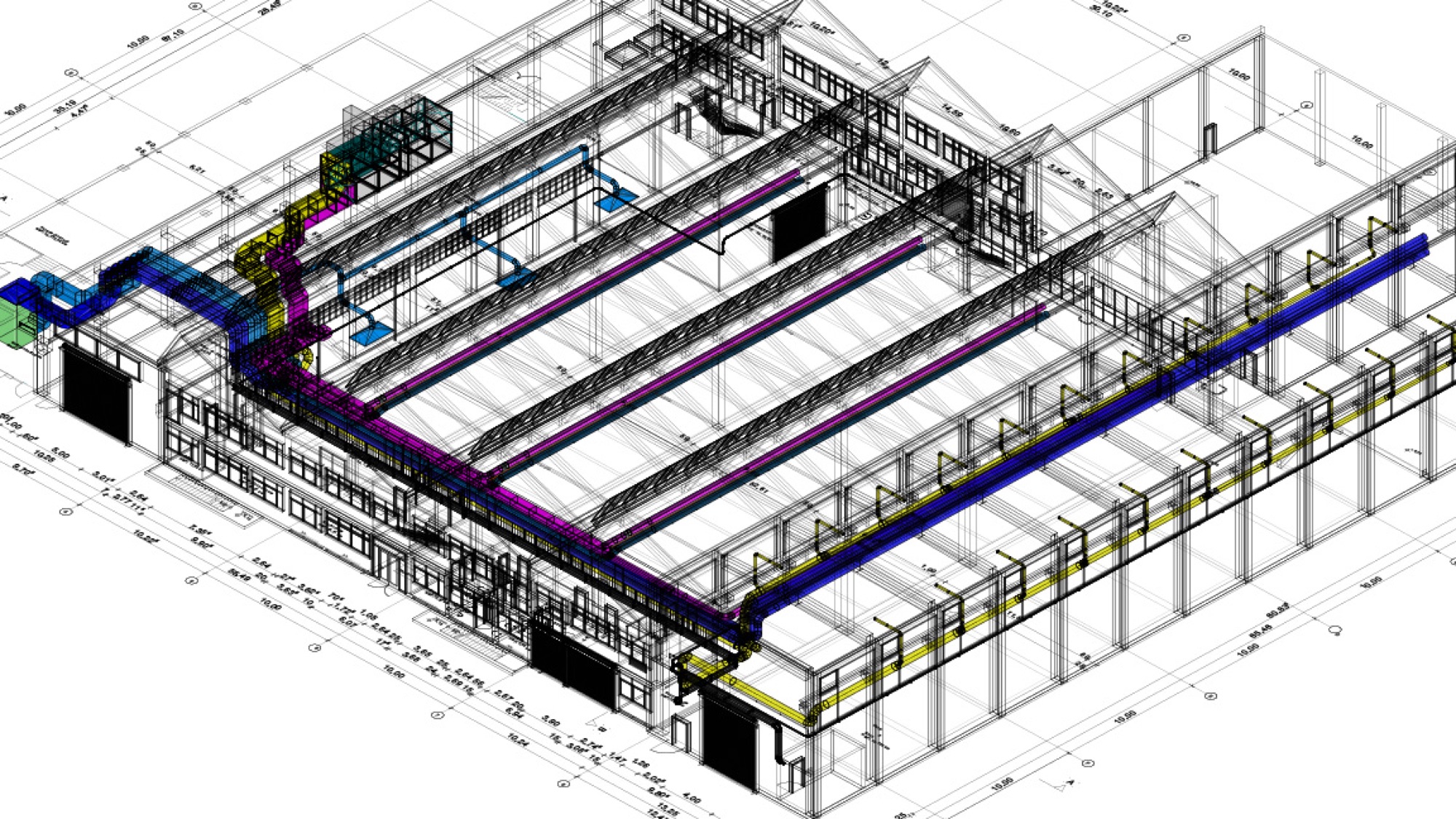 3D-Modell einer Industriehalle, Lüftungsleitungen in Magenta, Abluftleitungen in Blau auf drahtgitterartiger Hallenstruktur