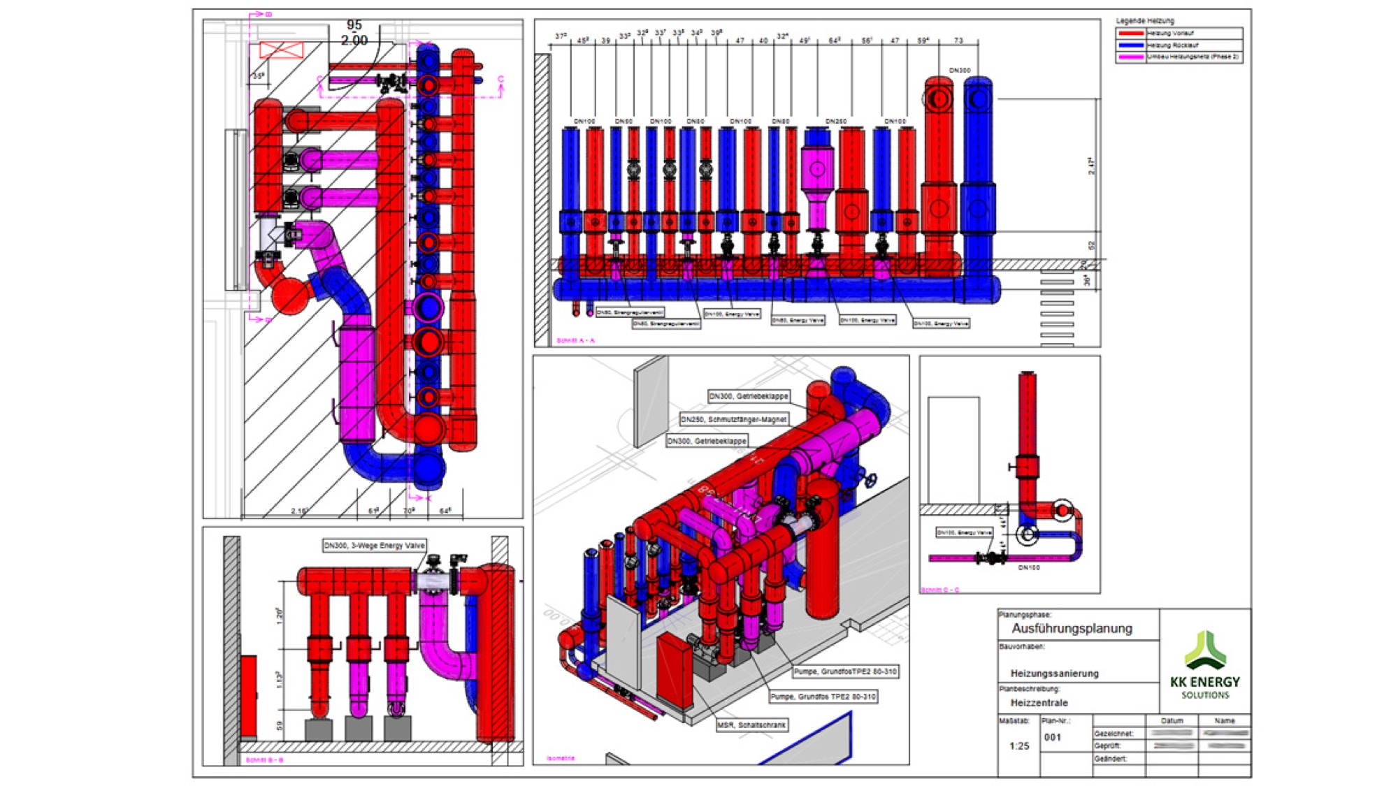 CAD-Ausführungsplanung einer Heizzentrale mit verschiedenen Schnittansichten in Rot, Blau und Magenta, Plankopf trägt das KK Energy Solutions Logo