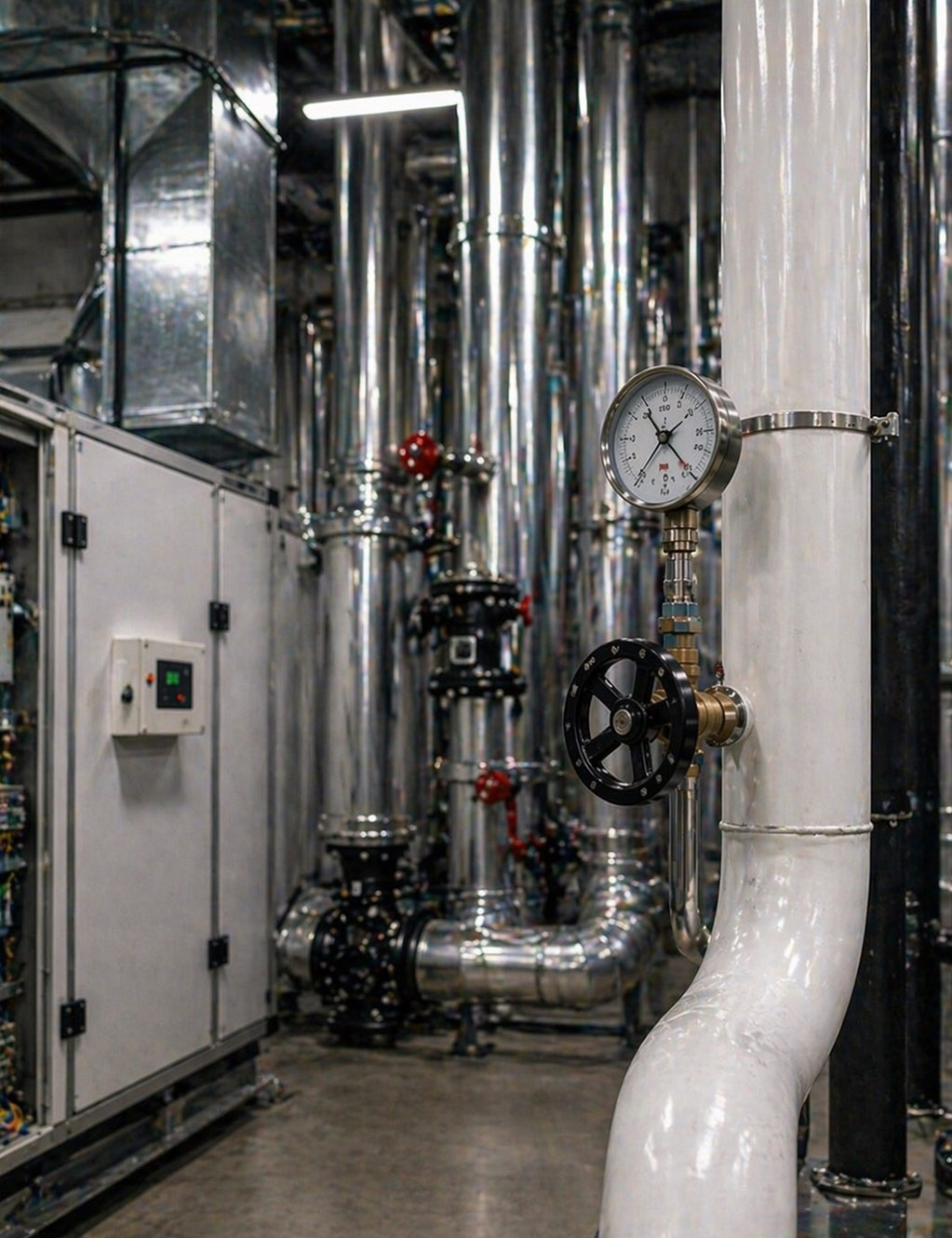 Heizzentrale eines Industriegebäudes mit isolierten Rohrleitungen, Druckmesser, Schaltschrank und verzinkten Kanälen