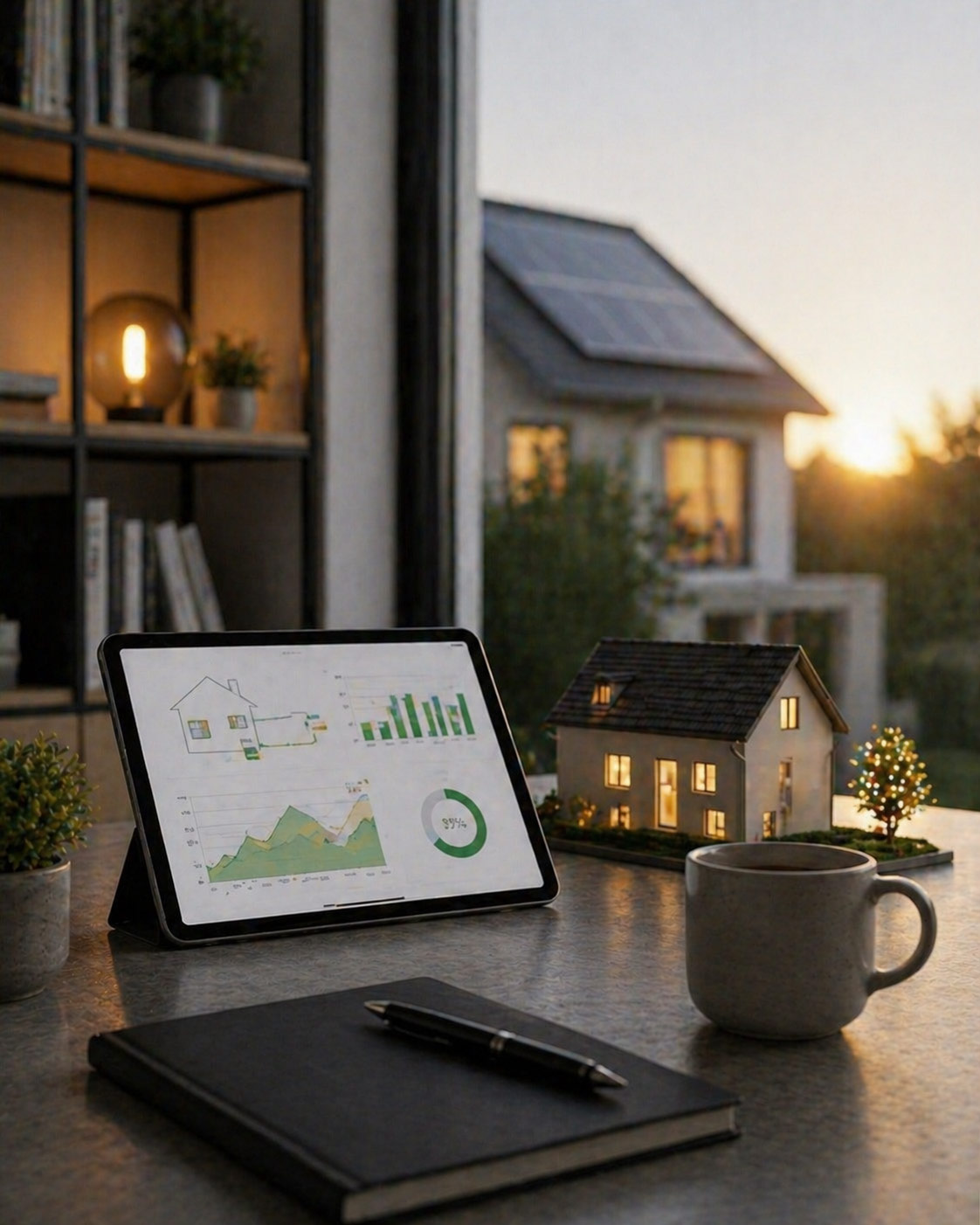 Tablet mit Energiediagrammen und Effizienzkurven neben einem beleuchteten Wohnhaus mit Photovoltaik bei Sonnenuntergang. Visualisierung der Datenanalyse