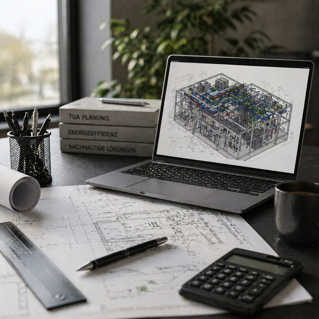 Technische Zeichnung der TGA-Planung mit Bleistift, Architektur und TGA abgestimmt