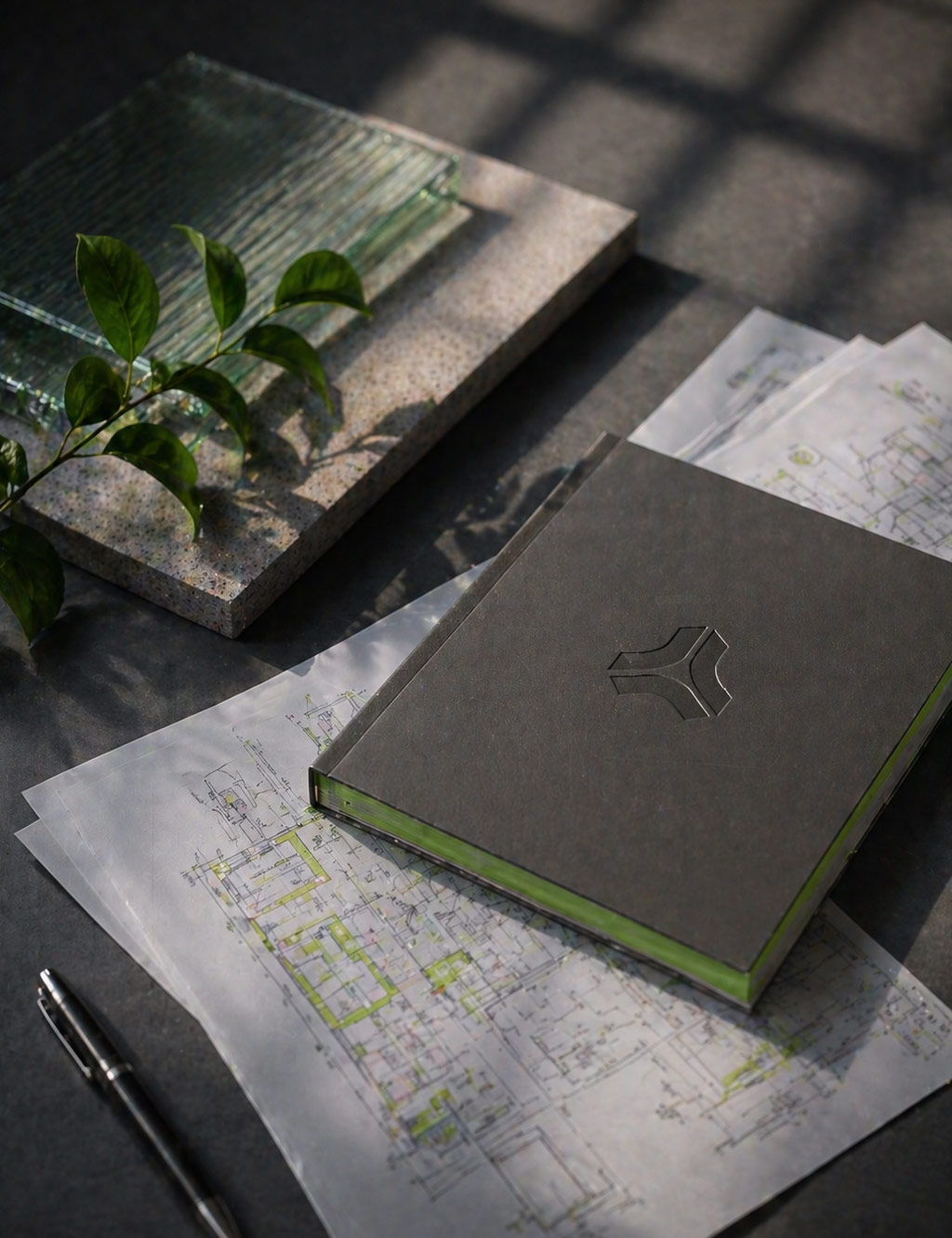 KK Energy Solutions Branding-Mappe mit technischen Plänen und Glasplatten auf einem dunklen Tisch