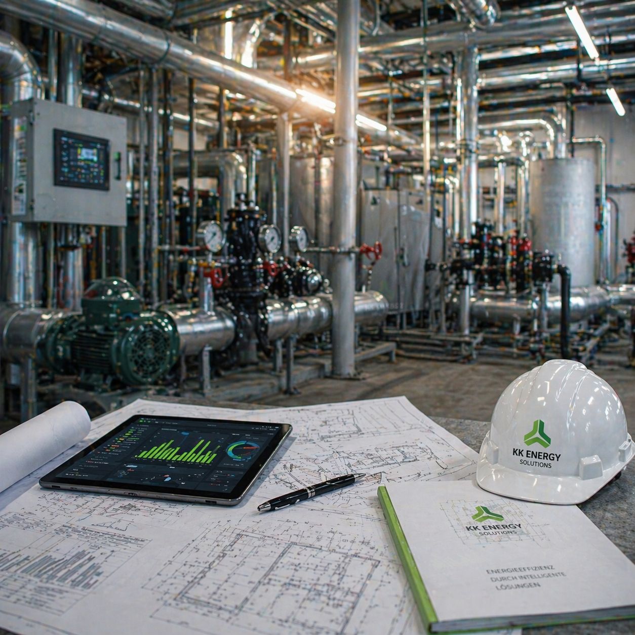 Werkstattszene mit KK-Energy-Solutions-Schutzhelm, Tablet mit Auswertungsdiagrammen und technischen Plänen vor einer industriellen Anlage